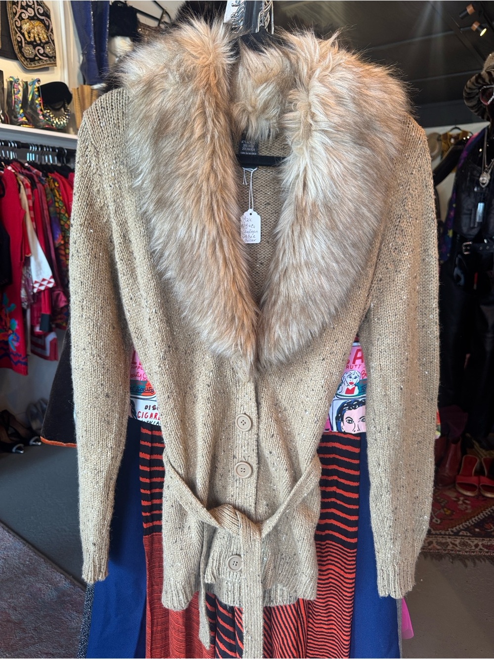 Y2K Faux Fur Collar Beige Knit Tie-Waist Sweater